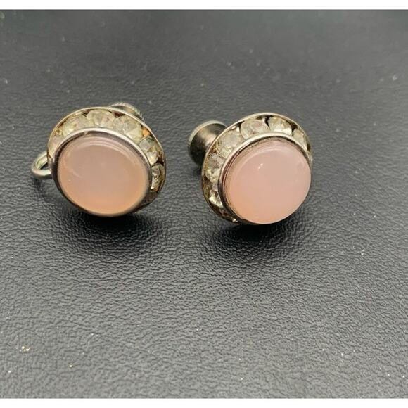Vintage Coro Faux Pink Moonstone And Rhinestone Screw Back Earrings Signed - Picture 2 of 3